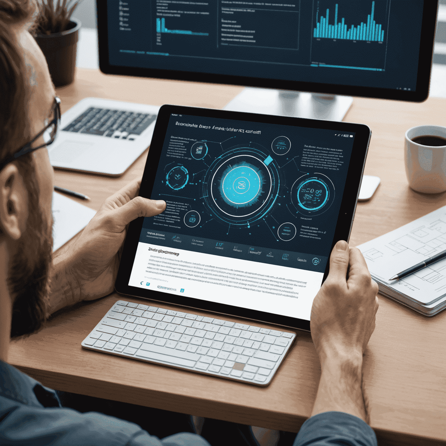 Programista pracujący nad aplikacją mobilną na tablecie i smartfonie, z widocznymi elementami interfejsu użytkownika i kodem w tle