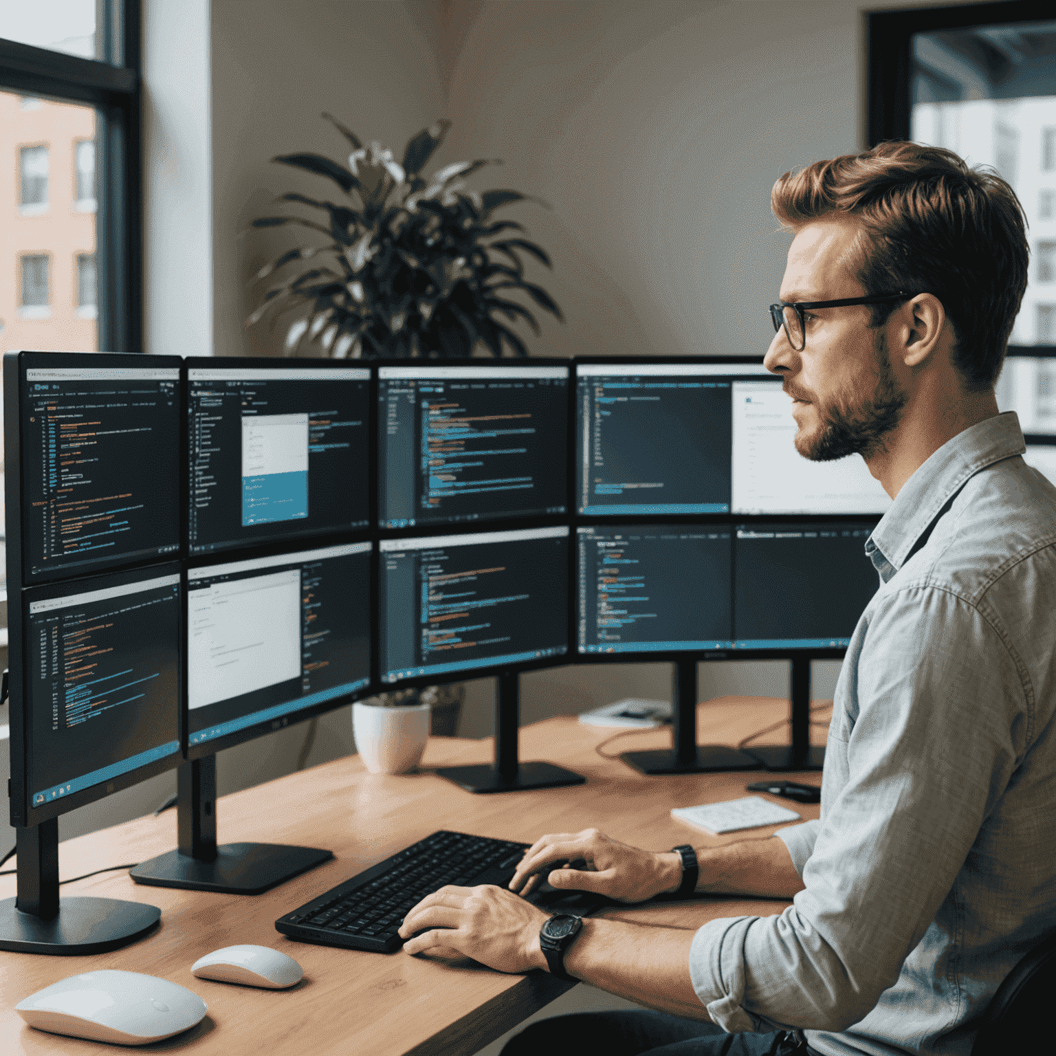 Programista full-stack demonstrujący zaawansowane techniki programowania na wielu ekranach, pokazując jednocześnie front-end i back-end aplikacji